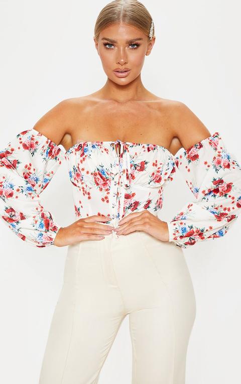 White Floral Hook & Eye Print Bardot Long Sleeve Bodysuit