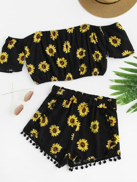 Bardot Sunflower Print Crop Top With Pom Pom Shorts