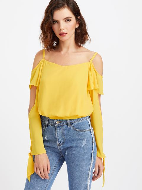 Giallo Cold Shoulder Ruffle Trim Tie Cuff Top