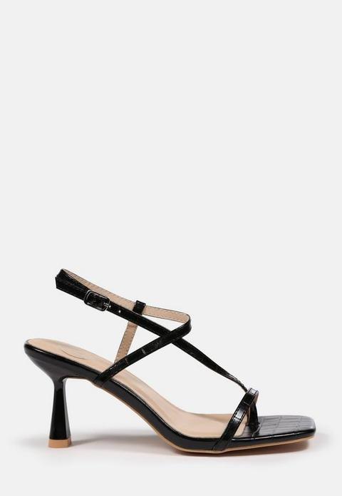 Black Croc Mid Heel Strappy Sandals, Black