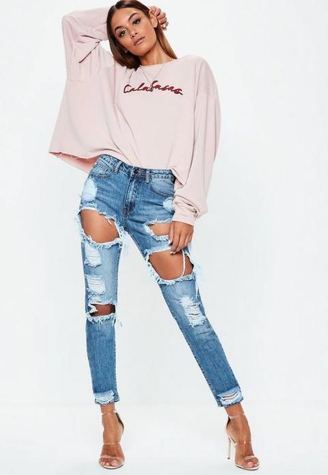 Petite Blue High Rise Ripped Rigid Jeans, Blue