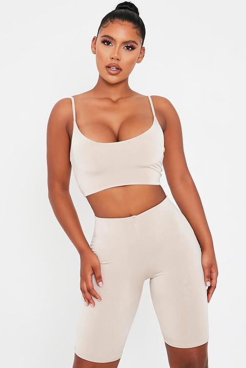 Stone Double Layer Slinky Strappy Crop Top , Beige