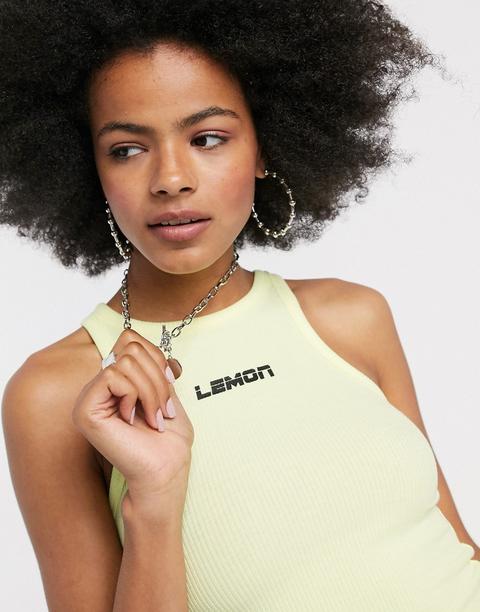 Noisy May Crop Top With High Neck And Lemon Slogan In Yellow-neutral