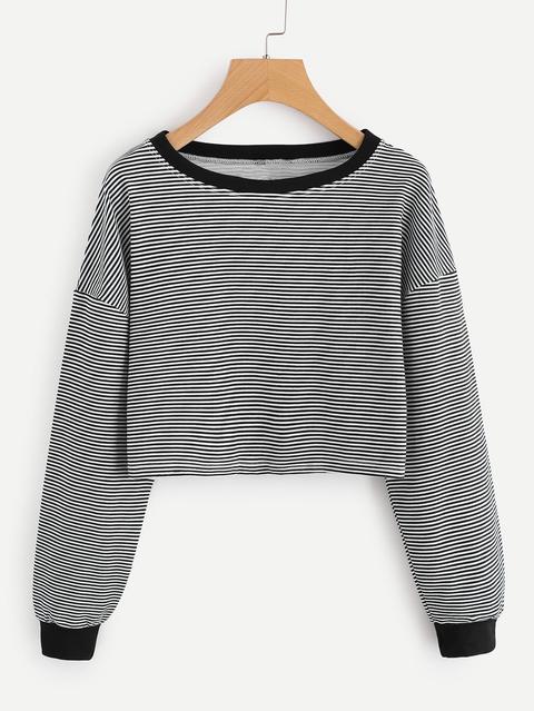 Contrast Trim Drop Shoulder Striped Crop Pullover