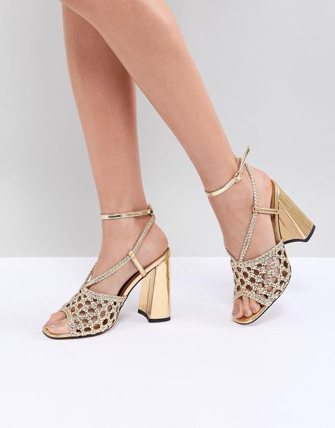 Asos Design Helix Woven Block Heeled Sandals-gold