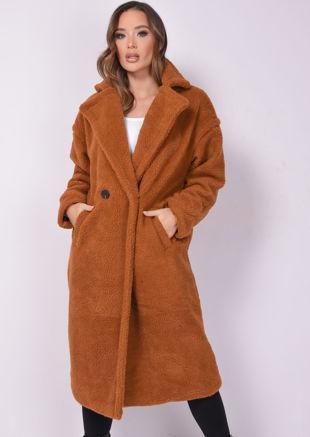 Teddy Borg Longline Coat Camel Brown