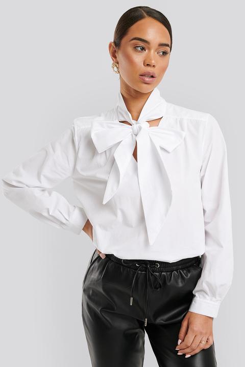 Na-kd Classic Pussy Bow V-neckline Shirt - White