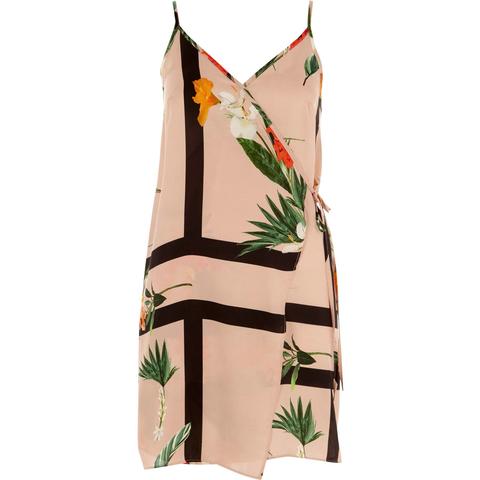 Beige Floral Print Mini Slip Dress