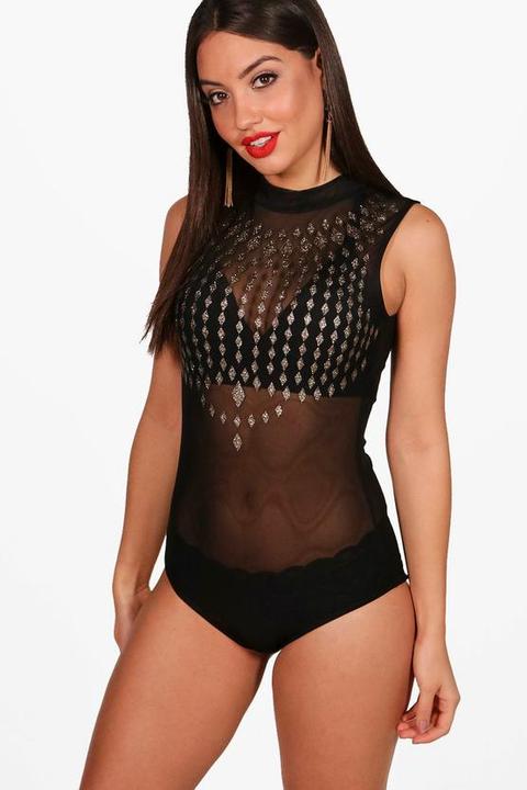 Molly Glitter Geo Print Mesh Bodysuit