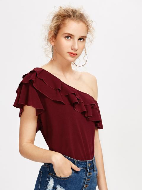 Tiered Frill Trim Oblique Shoulder Top
