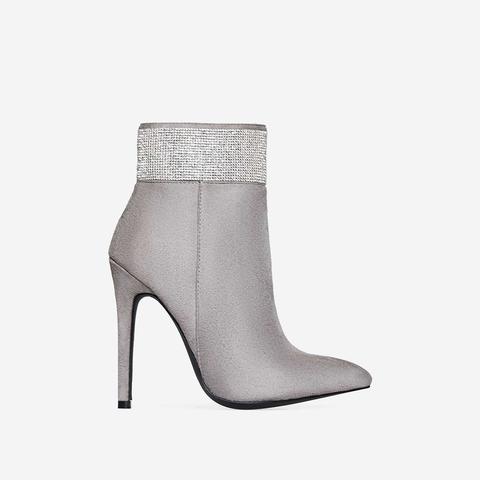 Hampton Crystal Detail Ankle Boot In Grey Faux Suede, Grey