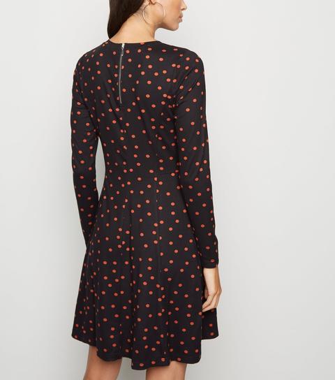 Black Spot Print Long Sleeve Skater Dress New Look