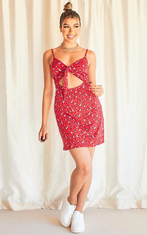 Red Ditsy Tie Front Shift Dress