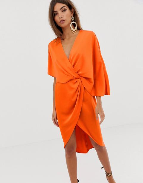 Asos Design - Robe Kimono Mi-longue En Satin Avec Manches Asymétriques - Orange