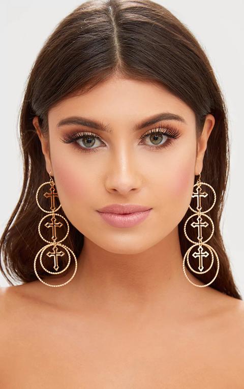 Gold Cross Layered Ring Earrings, Yellow