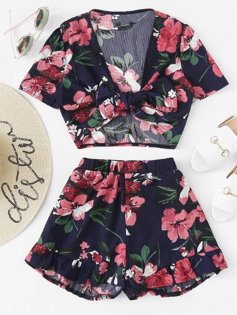 Conjunto Floral Con Lazo Para Ajustar Y Volantes