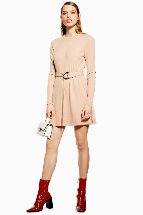 Womens Ribbed Belted Mini Dress - Nude, Nude