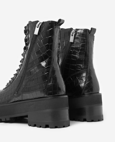 Black Leather Lace-up Boots W/ Notched 