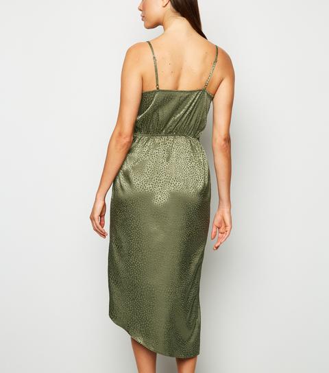 Khaki Satin Spot Jacquard Midi Dress New Look