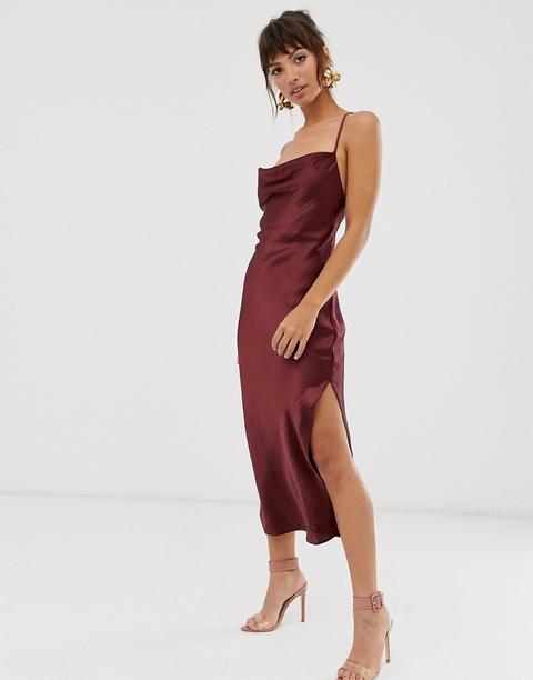 Asos Design Cami Midi Slip Dress In High Shine Satin With Lace Up