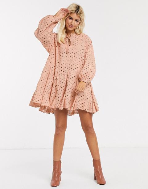 Asos Design Trapeze Mini Dress With Godets In Broderie In Mink-pink