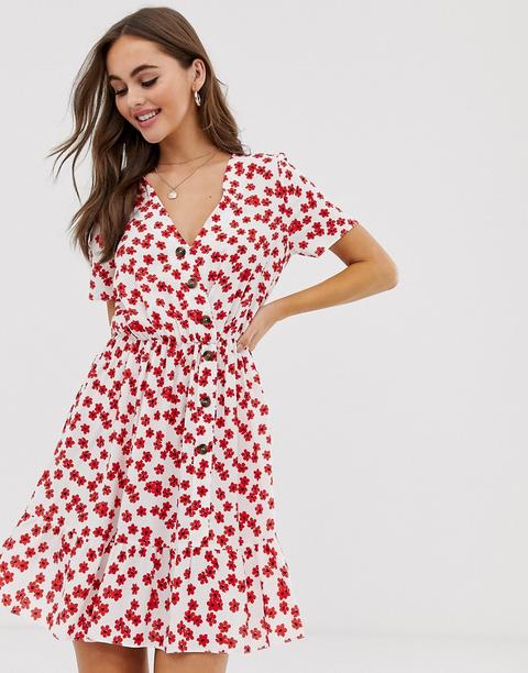 Asos Design - Robe Courte Boutonnée Avec Ourlet À Basque Et Imprimé Petites Fleurs - Blanc