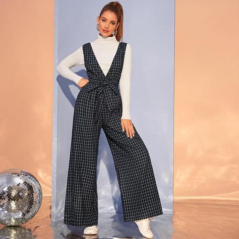 Tie Front Wide Leg Grid Jumpsuit