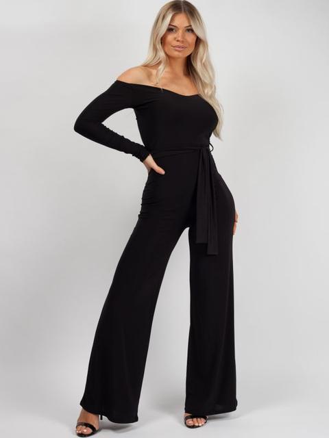 Ellice Slinky Bardot Sweetheart Tie Belted Jumpsuit In Black