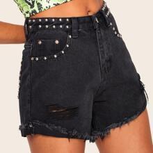 Shorts Denim Bajo Crudo Ribete Con Tachuela