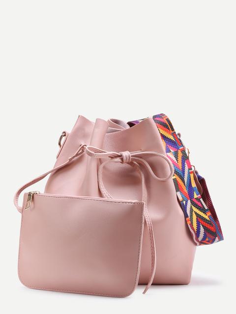 Contrast Strap Drawstring Bucket Bag With Crossbody Bag