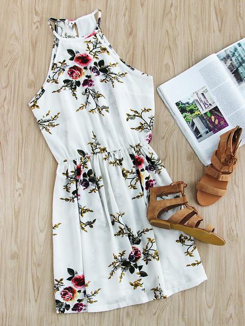 Floral Print Random Self Tie Split Back Cami Dress