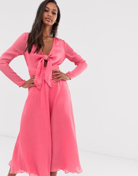Vestido Midi De Jacquard Detalle Anudado En La Parte Delantera De Asos Design-rosa
