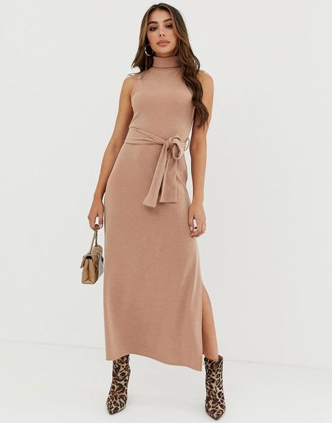 Vestido Largo Con Cuello Vuelto Y Cinturón En El Mismo Tejido De Asos Design-beis