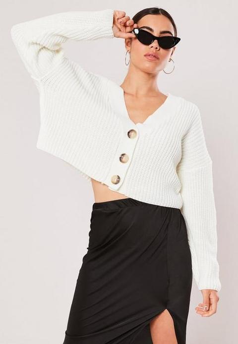 Cream Boxy Button Crop Cardigan, Cream