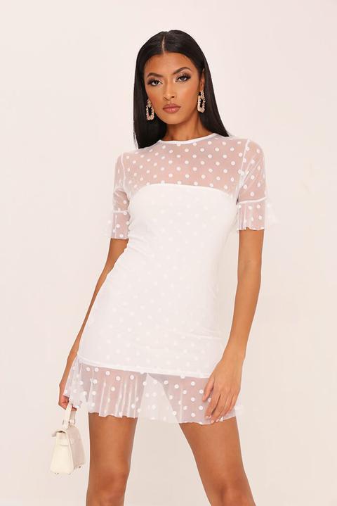 White Dobby Mesh Frill Sleeve Mini Dress