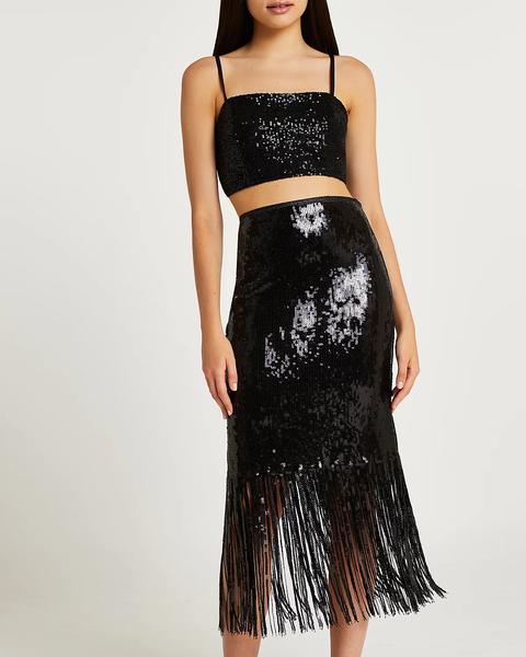 Black Sequin Tassel Hem Midi Skirt