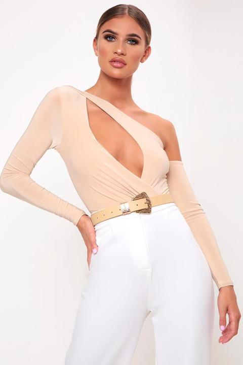 Beige Long Sleeve Cut Out Bodysuit