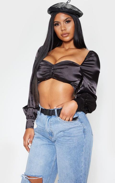 Black Satin Puff Sleeve Ruched Front 