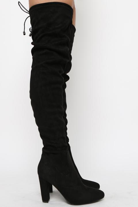 Black Suede Drawstring Thigh High Boots 