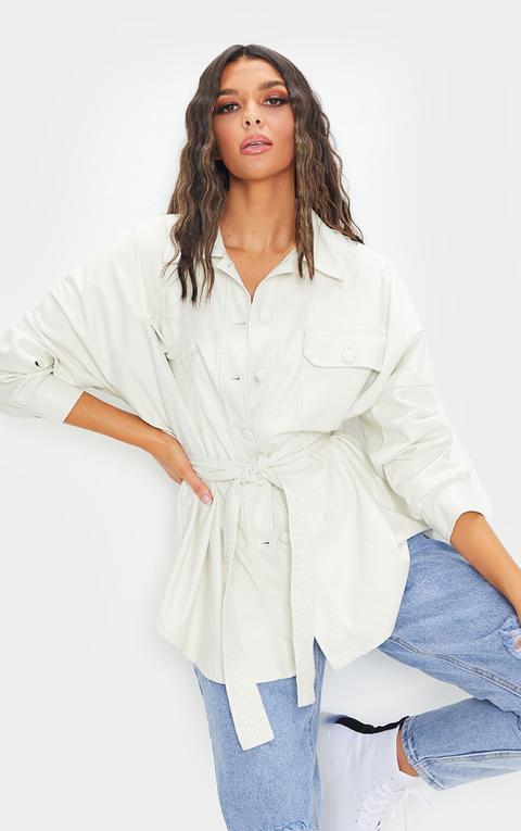 Veste Style Chemise Longue Ceinturée En Similicuir Blanc À Ourlet Tombant, Blanc