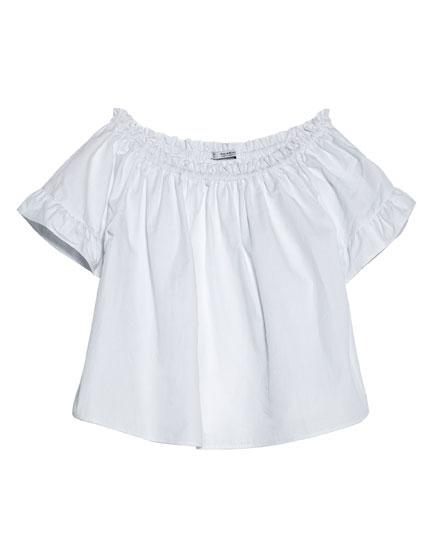 Camisa Popelín Manga Volante Escote Fruncido