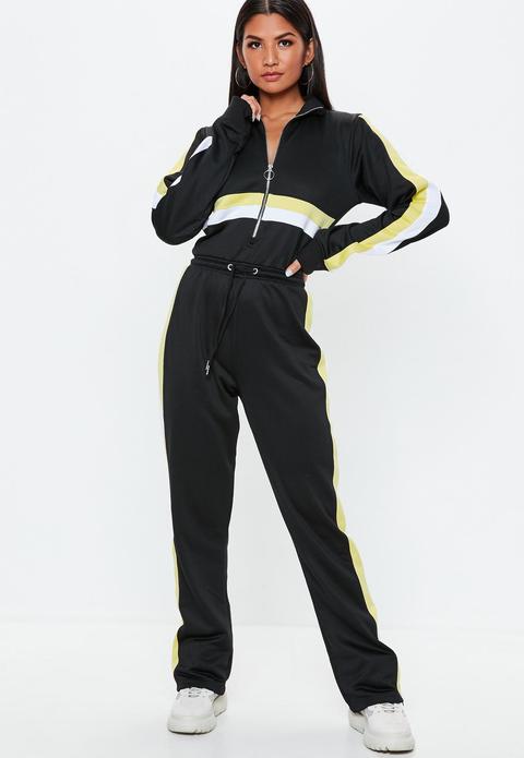 Black Colour Block Track Jumpsuit, Black