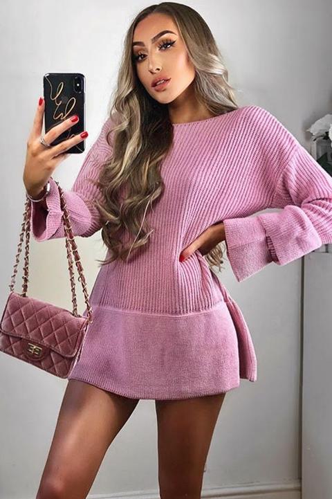 Pink Bell Sleeve Extreme Hem Chunky Knit Jumper Dress - Paige