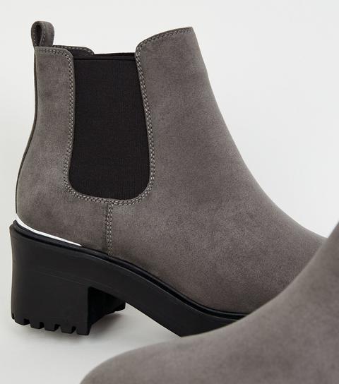 Grey Suedette Chunky Chelsea Boots New 