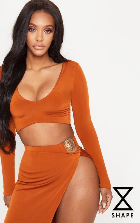 Shape Rust Slinky Plunge Long Sleeve Crop Top