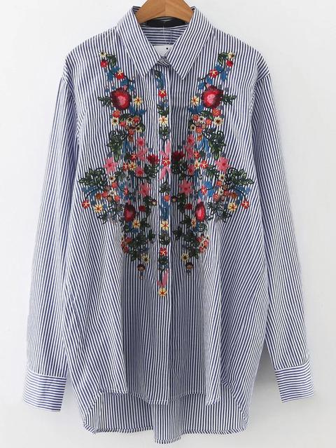 Blusa Asimétrica A Rayas Con Bordado Floral - Azul