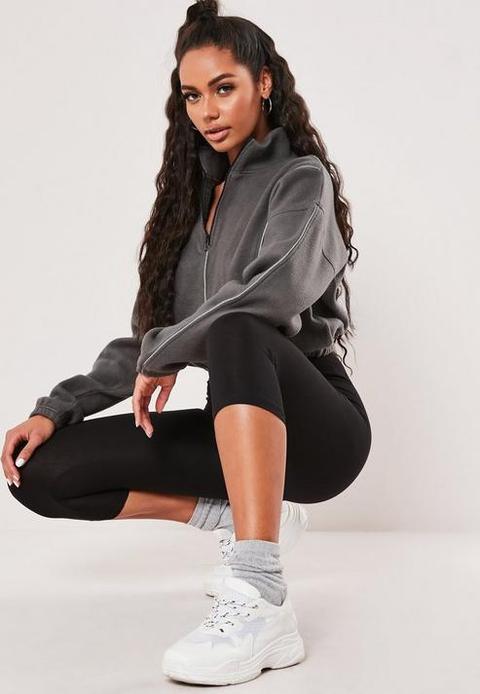 Grey Fleece Zip Front Cropped Sweatshirt, Grey