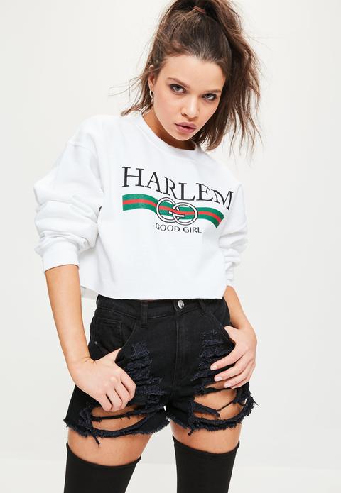 White Harlem Logo Graphic Cropped Sweatshirt