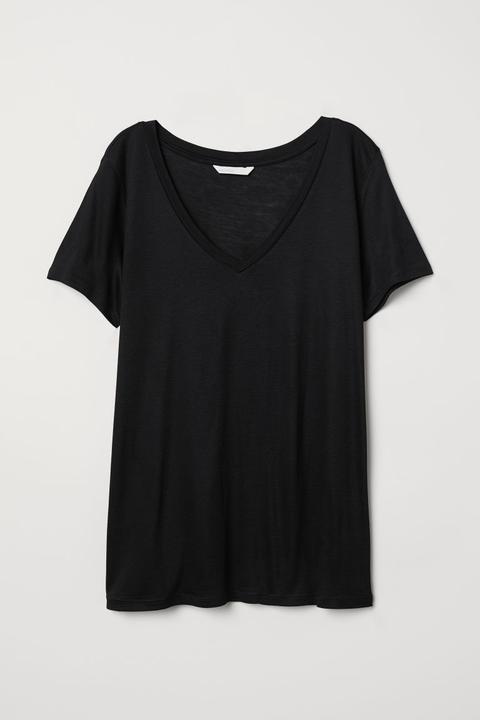 Camiseta Con Cuello De Pico - Negro