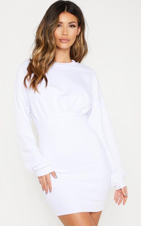 White Gathered Bodycon Jumper Dress, White
